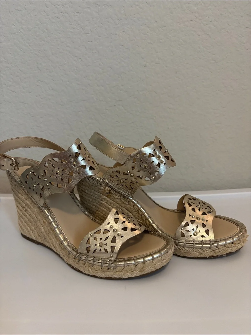 Women's Metallic Gold Laser-Cut Espadrille Wedge Sandals. Size 8.5